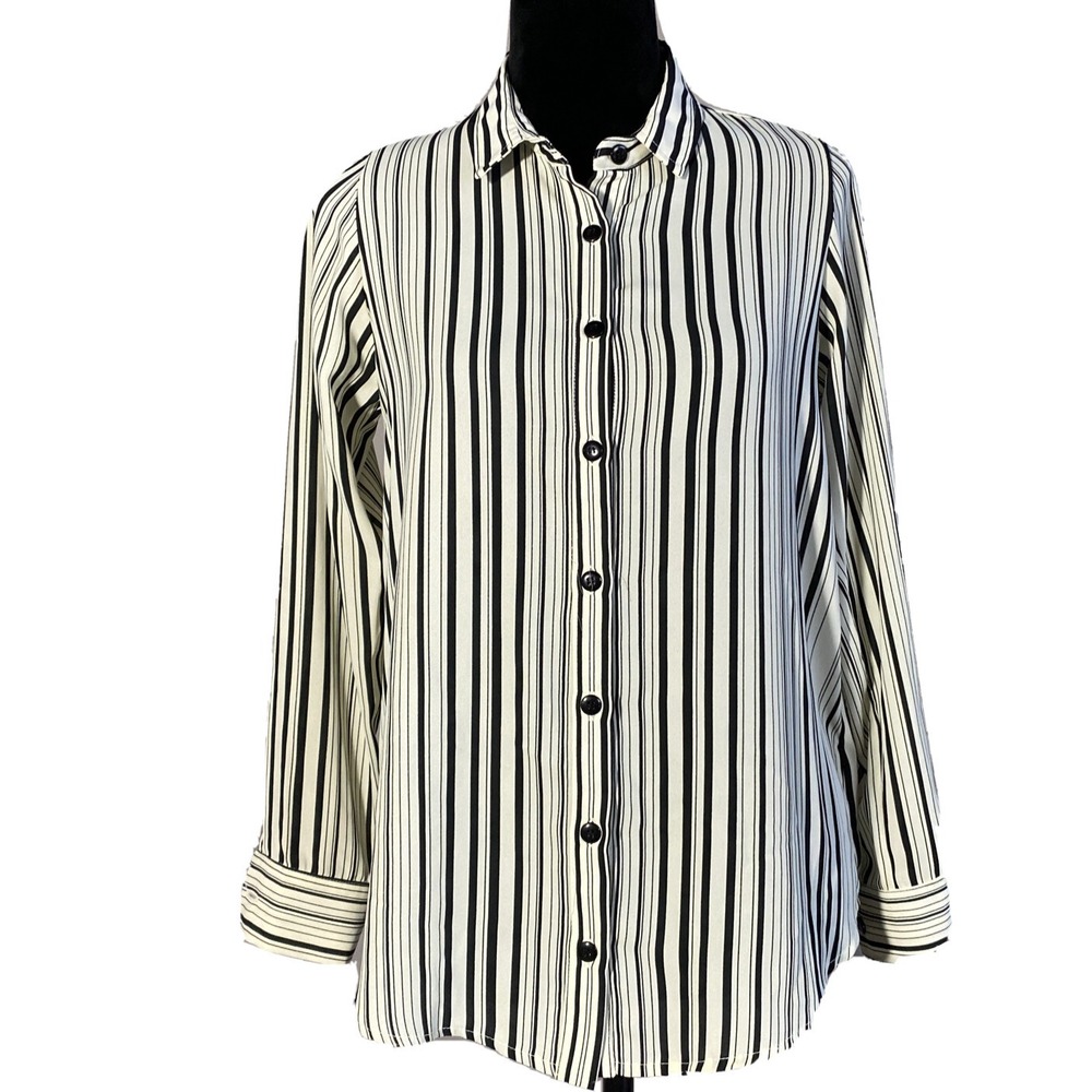 Comfy USA Shirt XS Black‎ Cream Stripe Button Long Sl Collar Top Casual Career